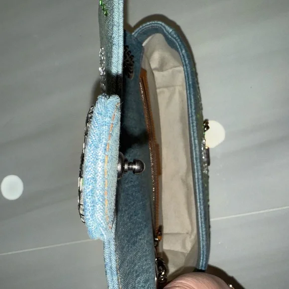 Gucci Denim Crystal Applique Small GG Marmont Shoulder Bag Blue - Picture 6 of 7